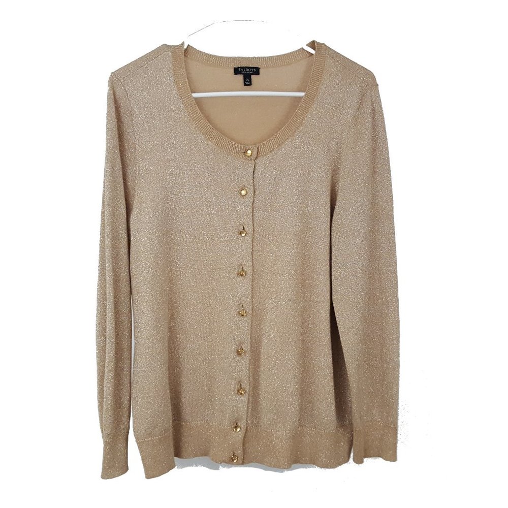 Talbots Sparkly Gold Cotton Blend Button Cardigan Plus Size 1XP Stretch